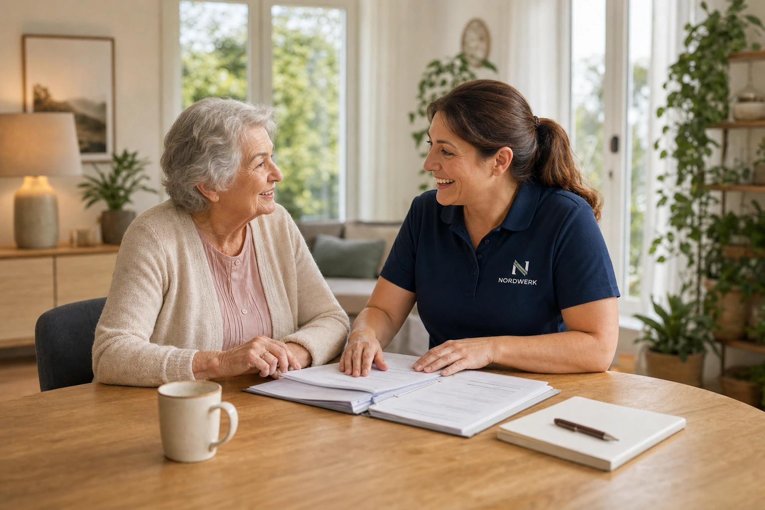 Pflegekraft & Seniorin am Tisch